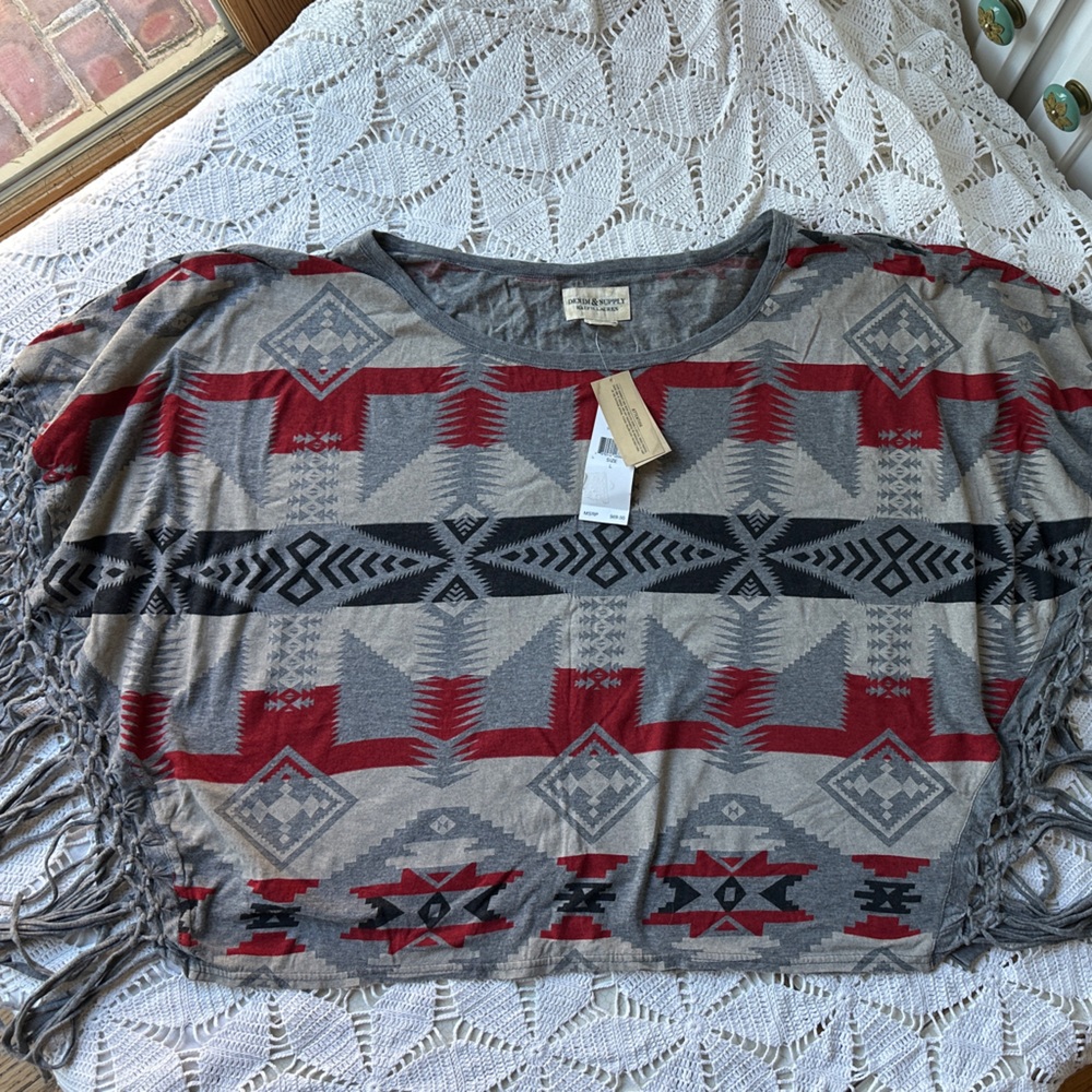 Denim & Supply Ralph Lauren Gray and Red Fringe Top